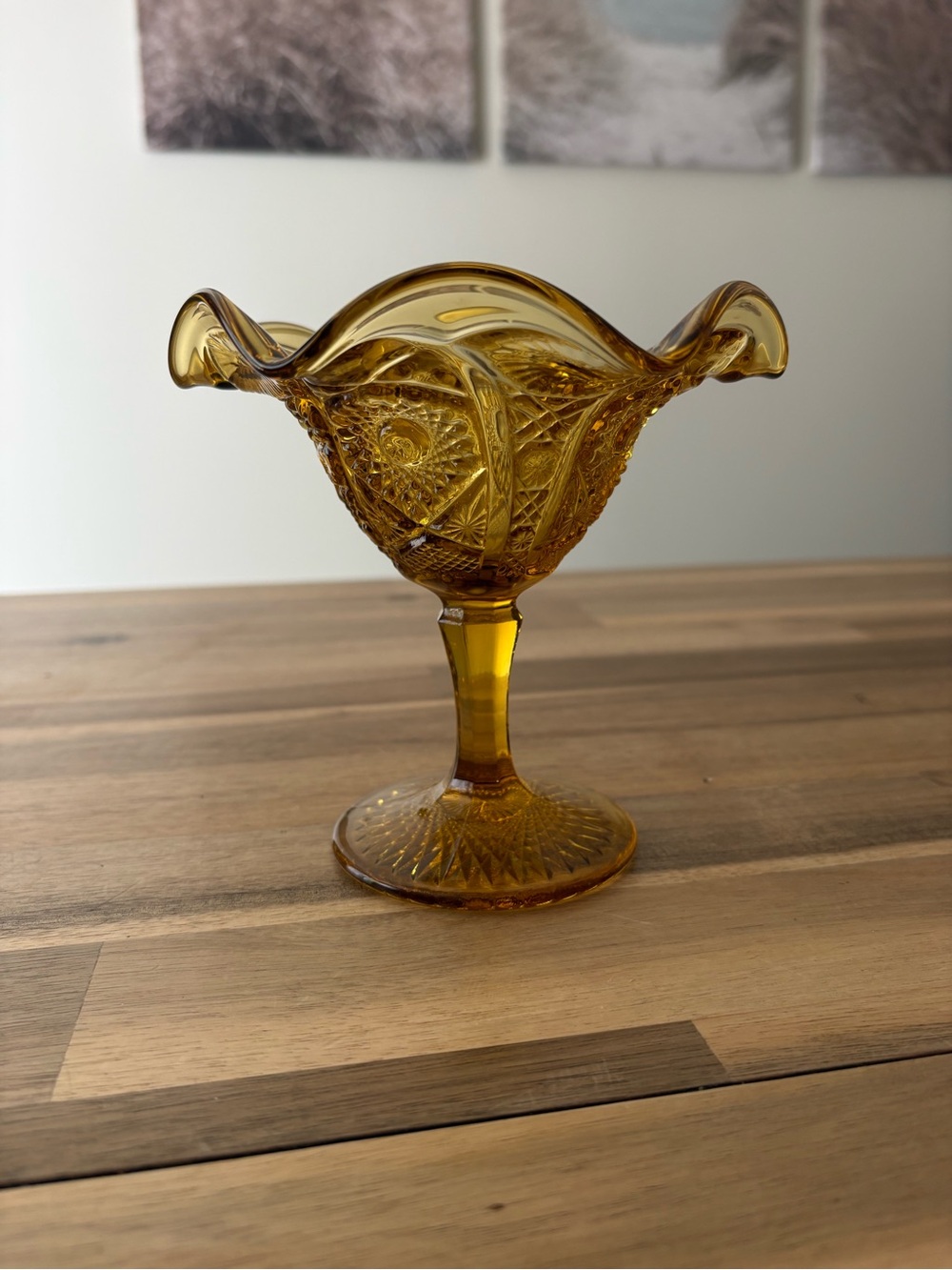 Vintage Amber Pressed Glass Compote Candy Dish